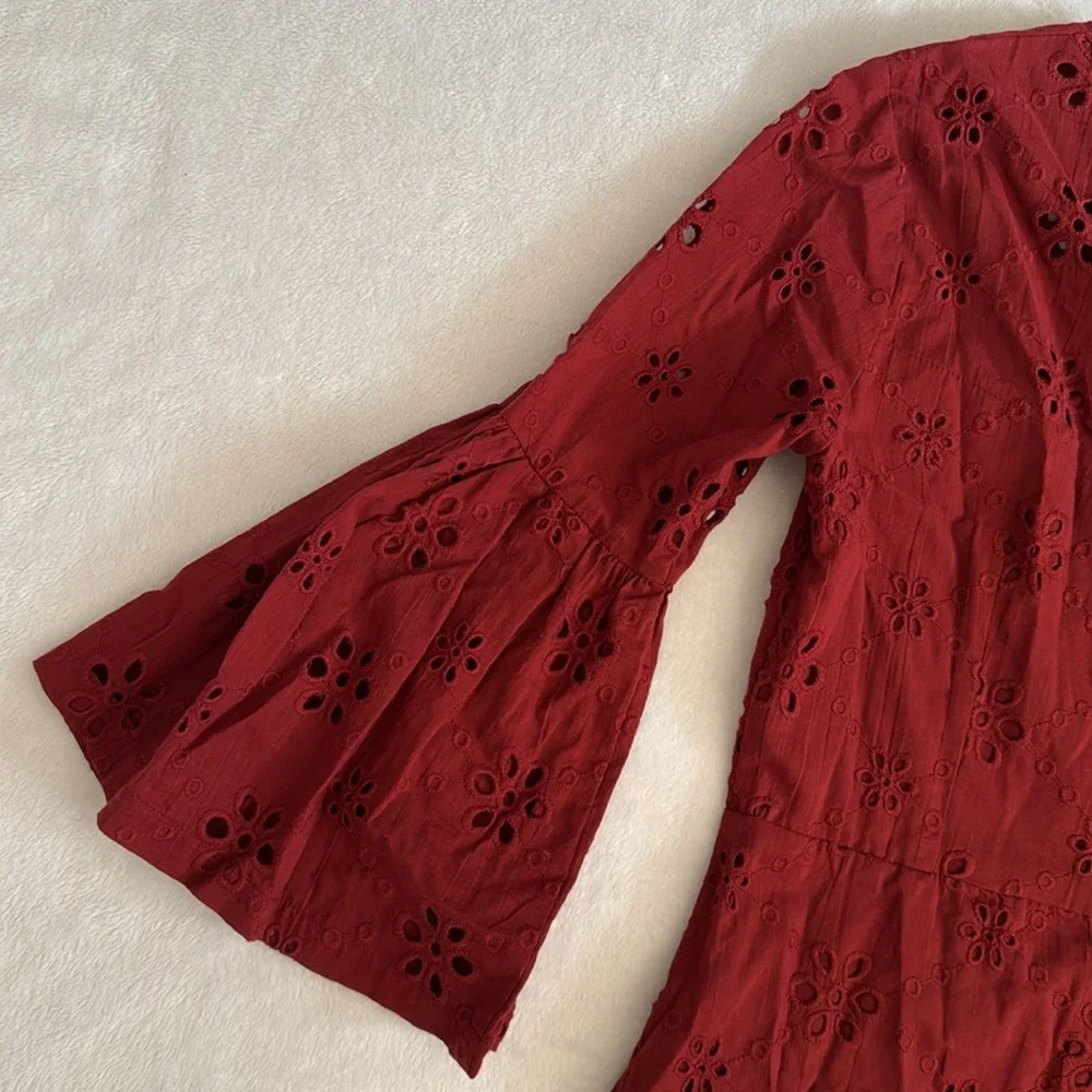 Beyond by Vera | 1891 Victoria Embroidered Eyelet Lace Bell Sleeve Dress Red (M) - Picture 13 of 16